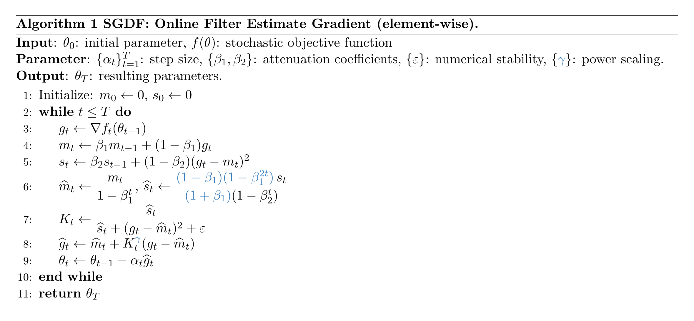 Algorithm 1: SGDF online filter estimate gradient